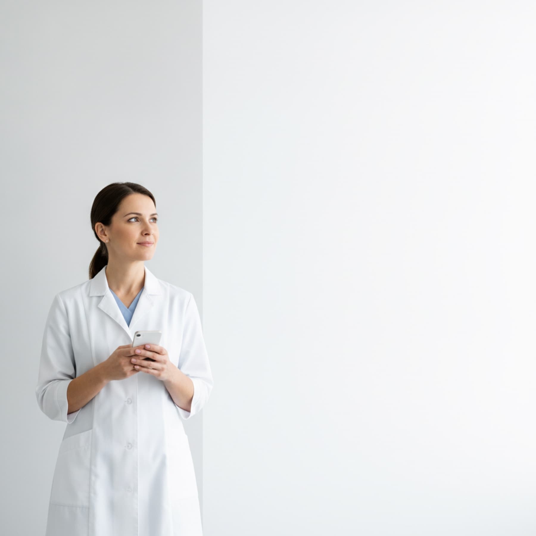 A nurse practitioner in a white coat, phone in hand, looking up at a practice question