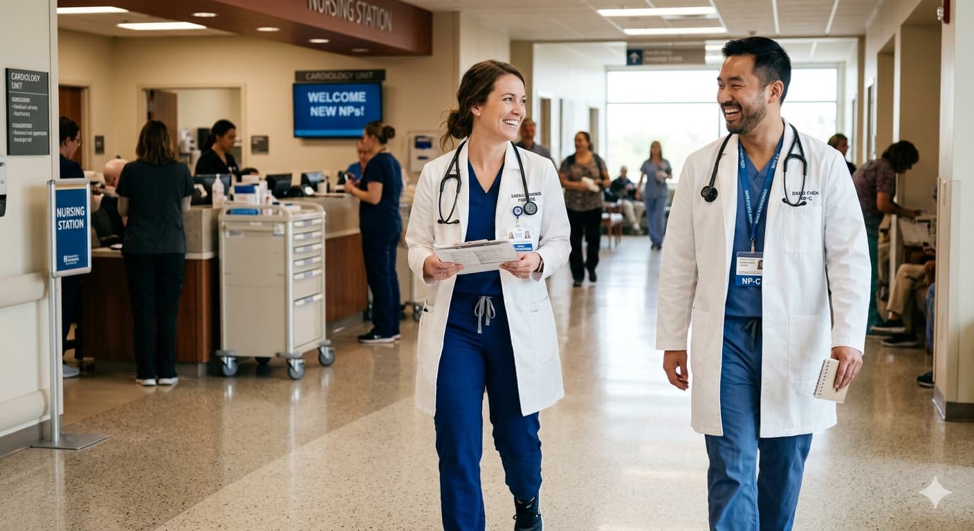 Two new nurse practitioners on their first day, walking onto the unit in white coats